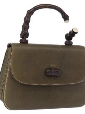 GUCCI Bamboo Hand Bag Leather Khaki Gold Auth ep11339